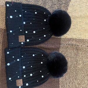 CHANEL Kids Black Beanie with Pom-Pom and Pearls